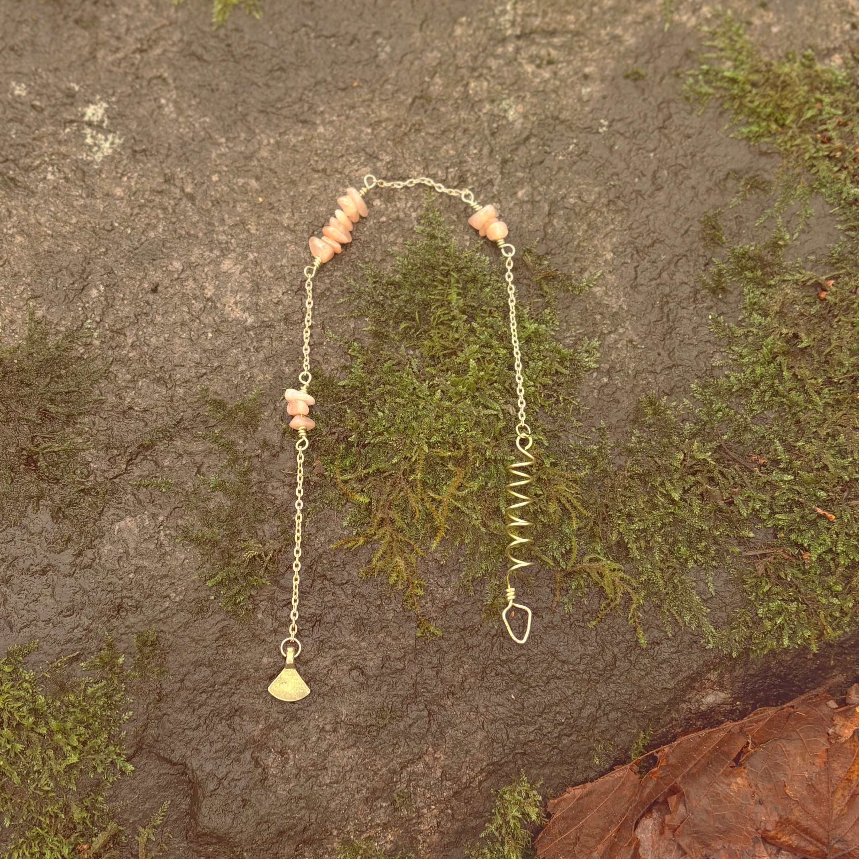 Orange Moonstone Hair Twist with Chains and Charm in Brass