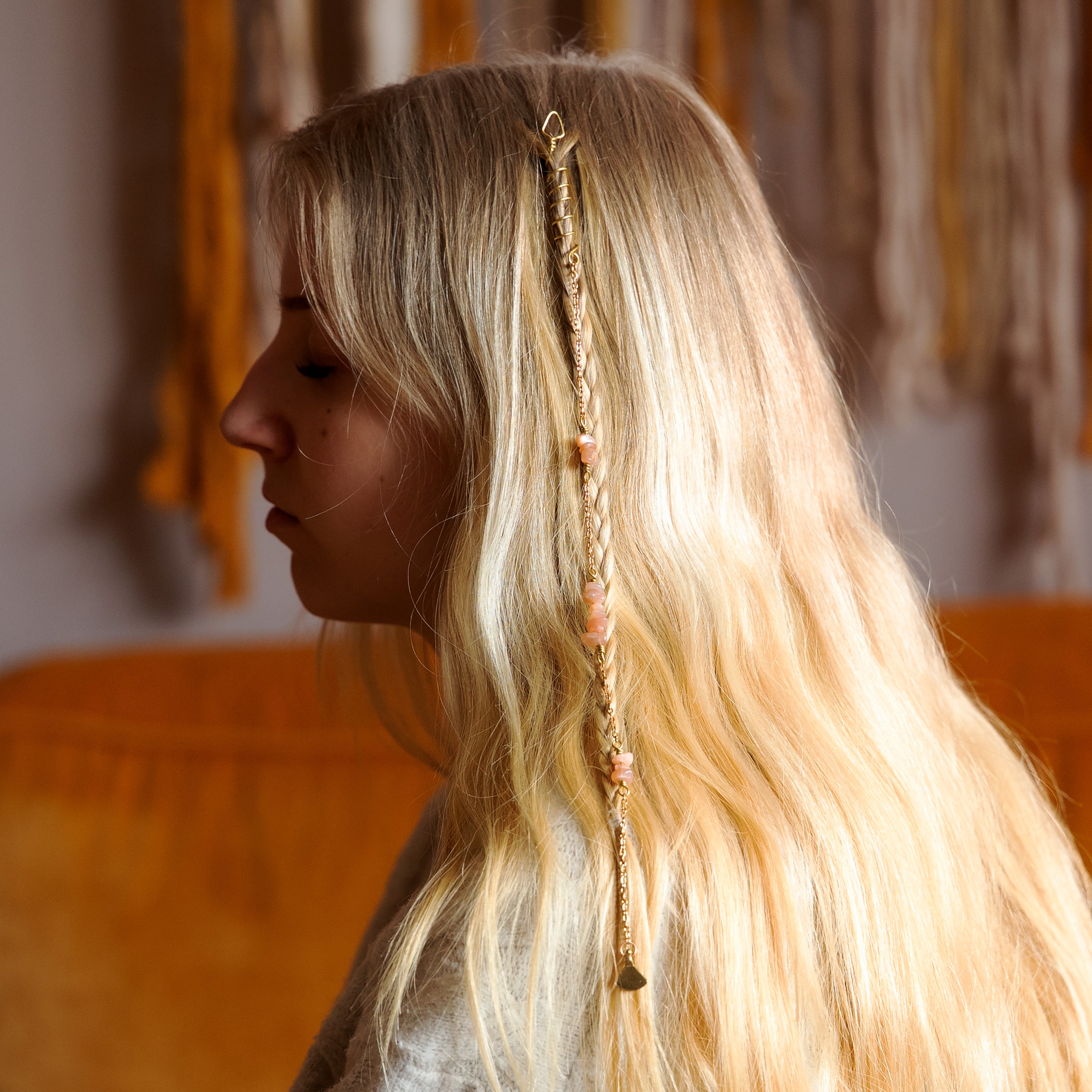 Orange Moonstone Hair Twist with Chains and Charm in Brass