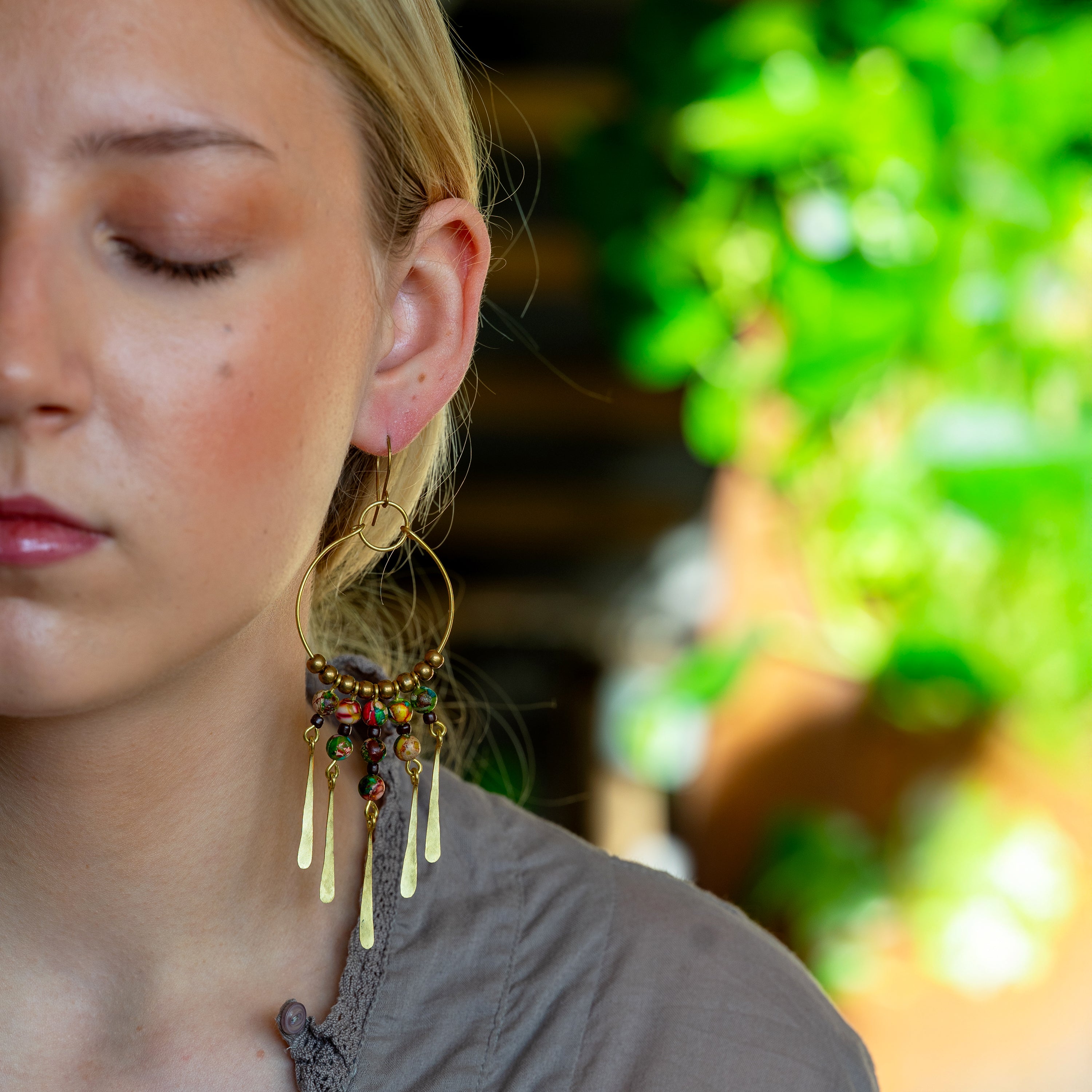 Sea Sediment Jasper Colorful Earrings in Brass