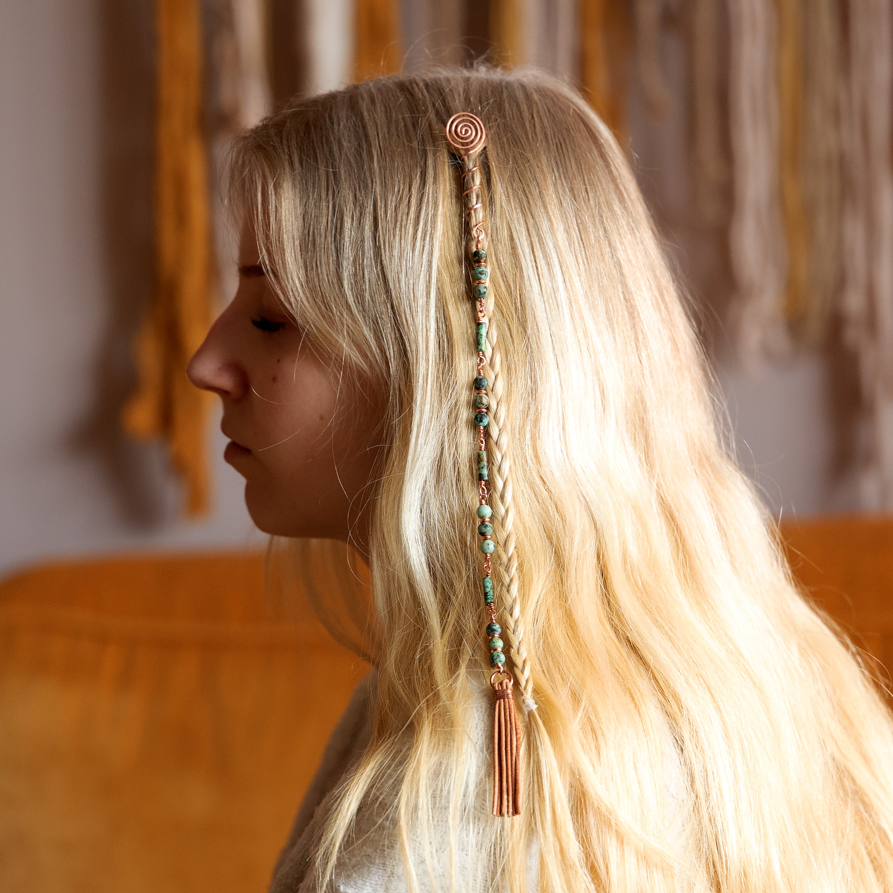 African Turquoise Hair Twist with Leather Tassel in Copper