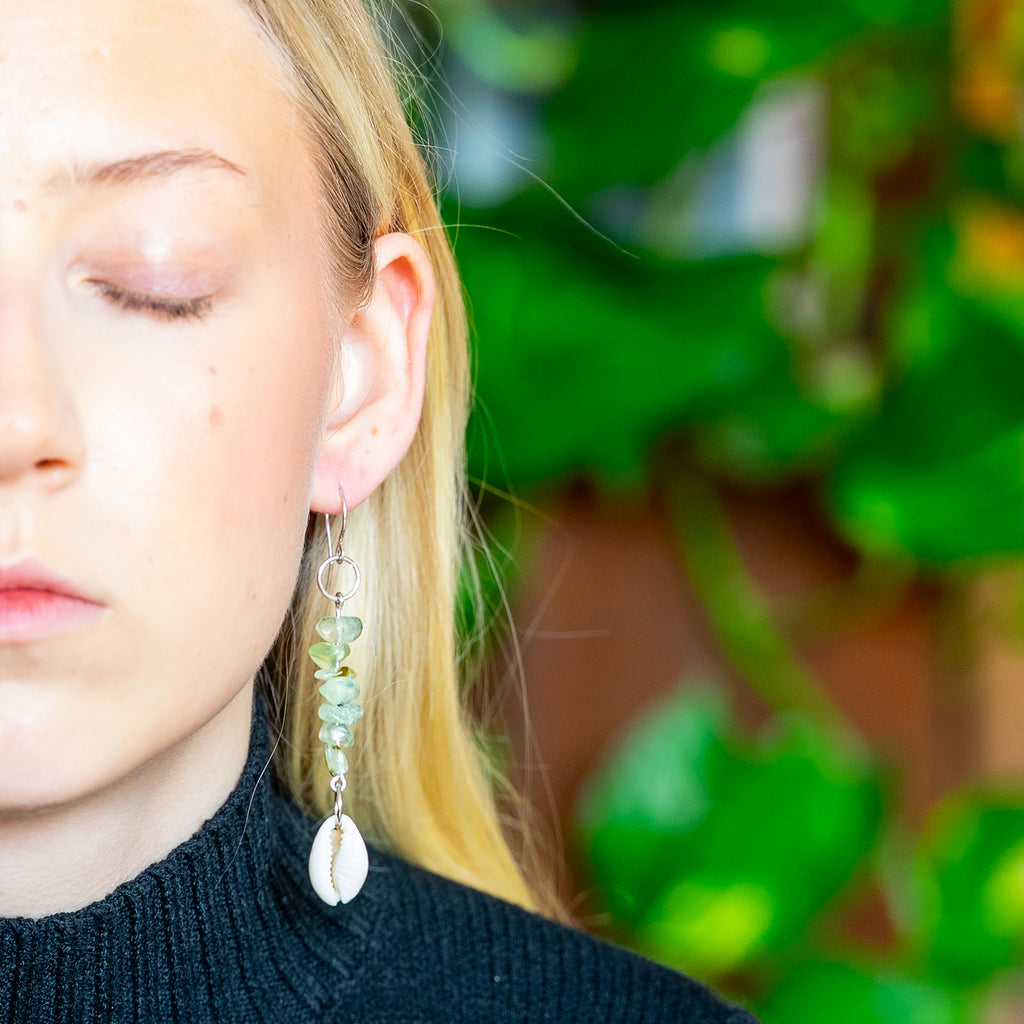 Prehnite and Shell Earrings in Stainless Steel
