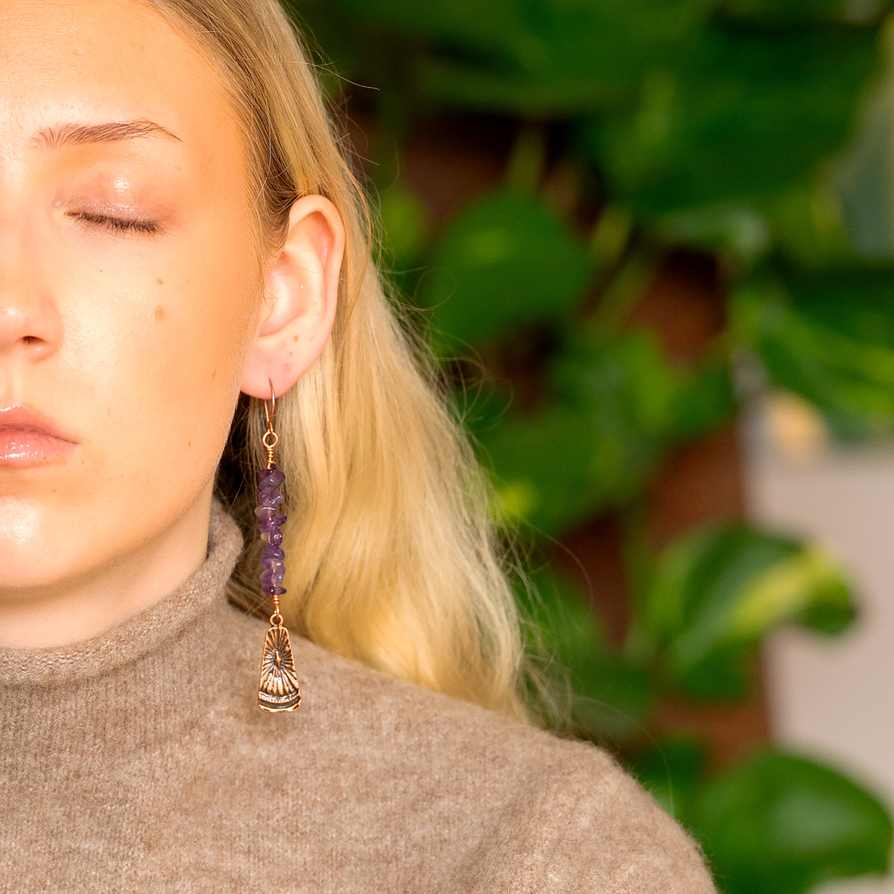 Amethyst Dangle Earrings in Copper