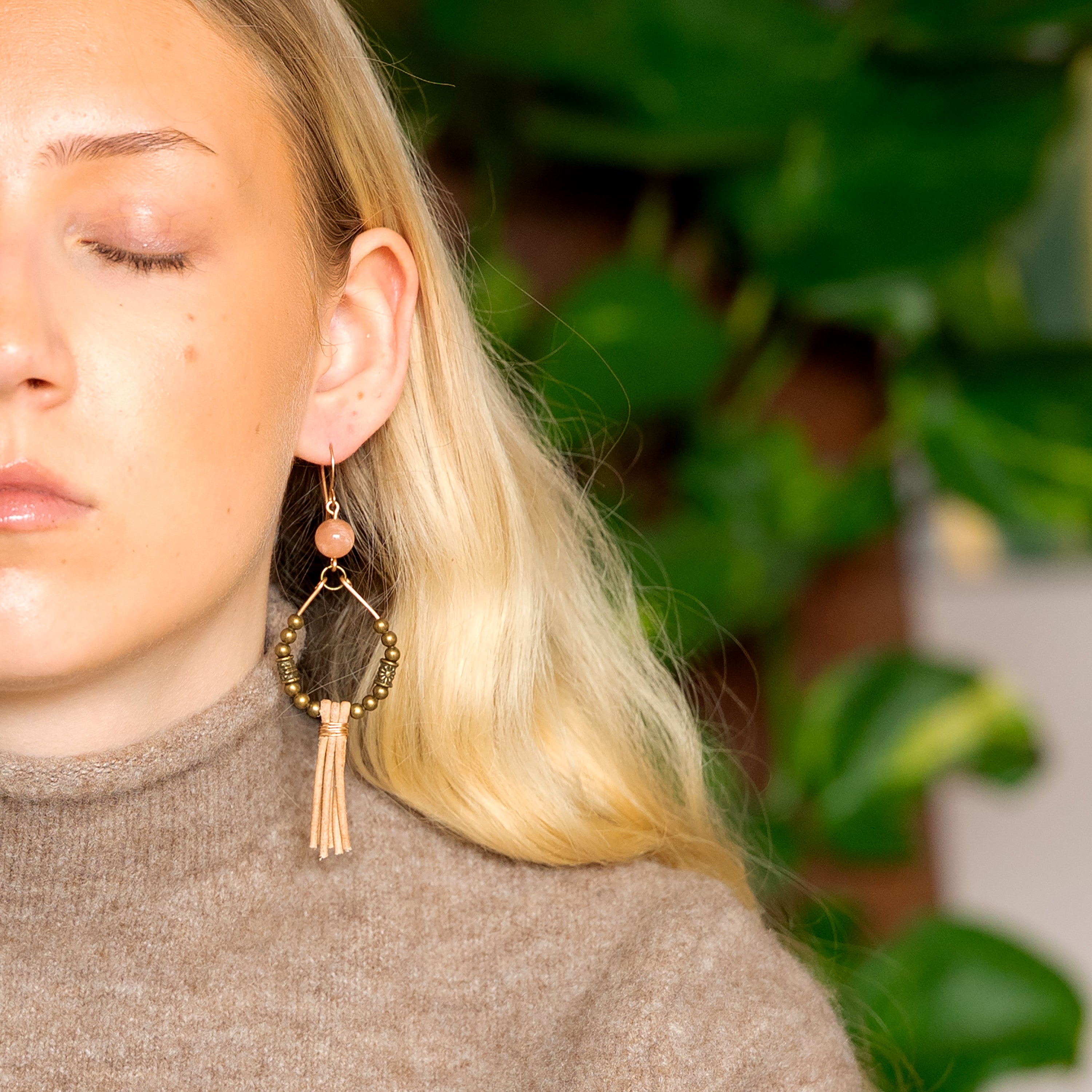 Orange Moonstone with Leather Fringe Earrings in Bronze