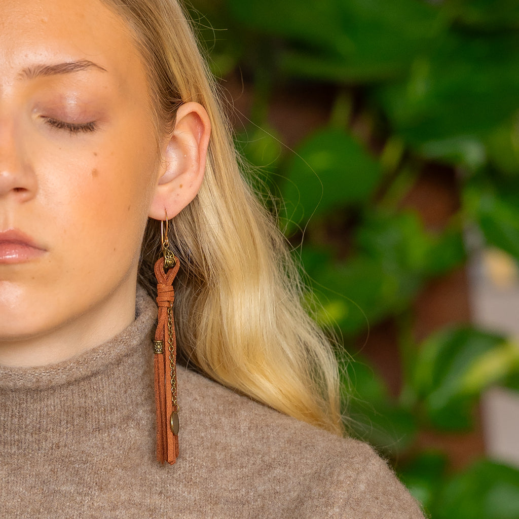 Suede Leather Tassel Earrings in Bronze