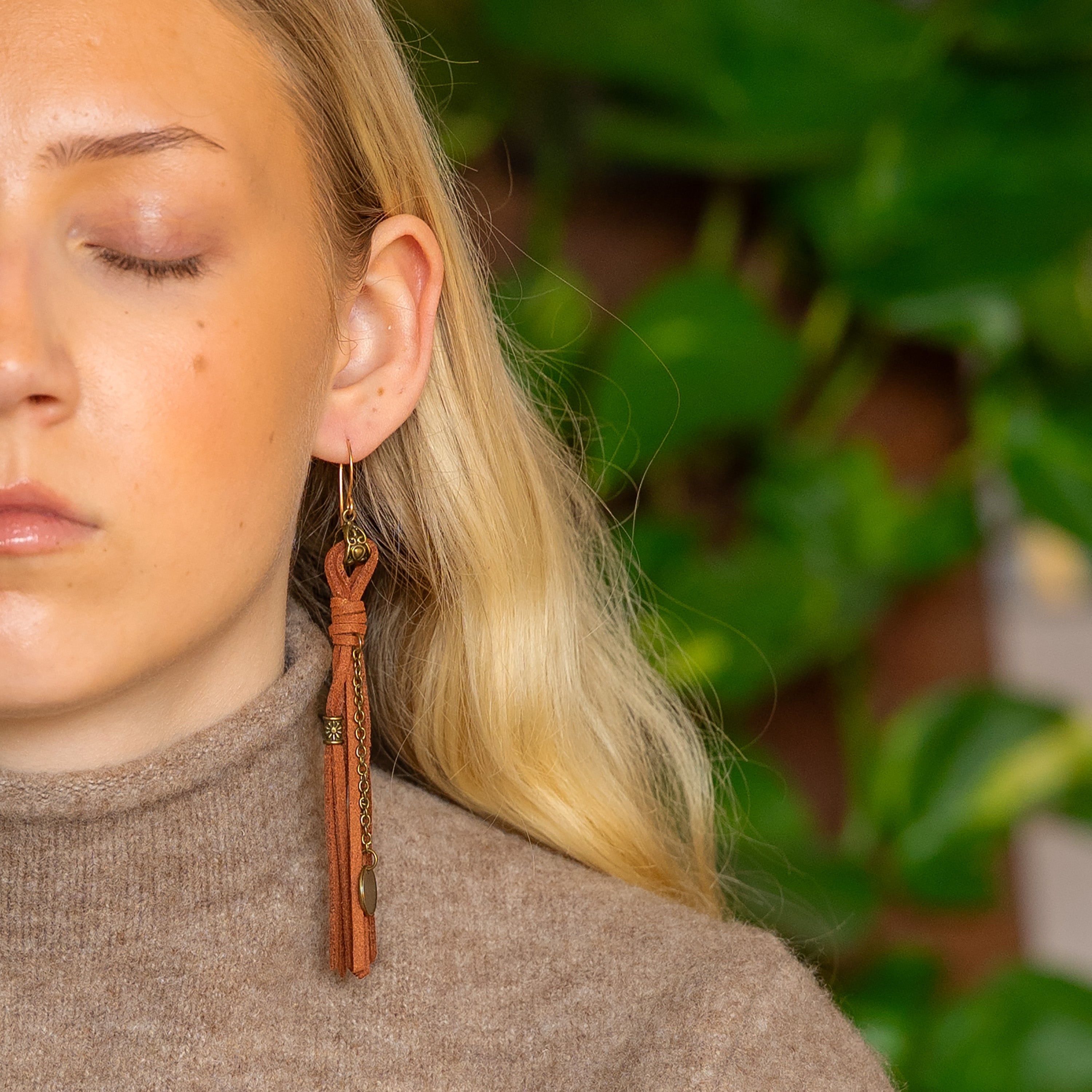 Suede Leather Tassel Earrings in Bronze