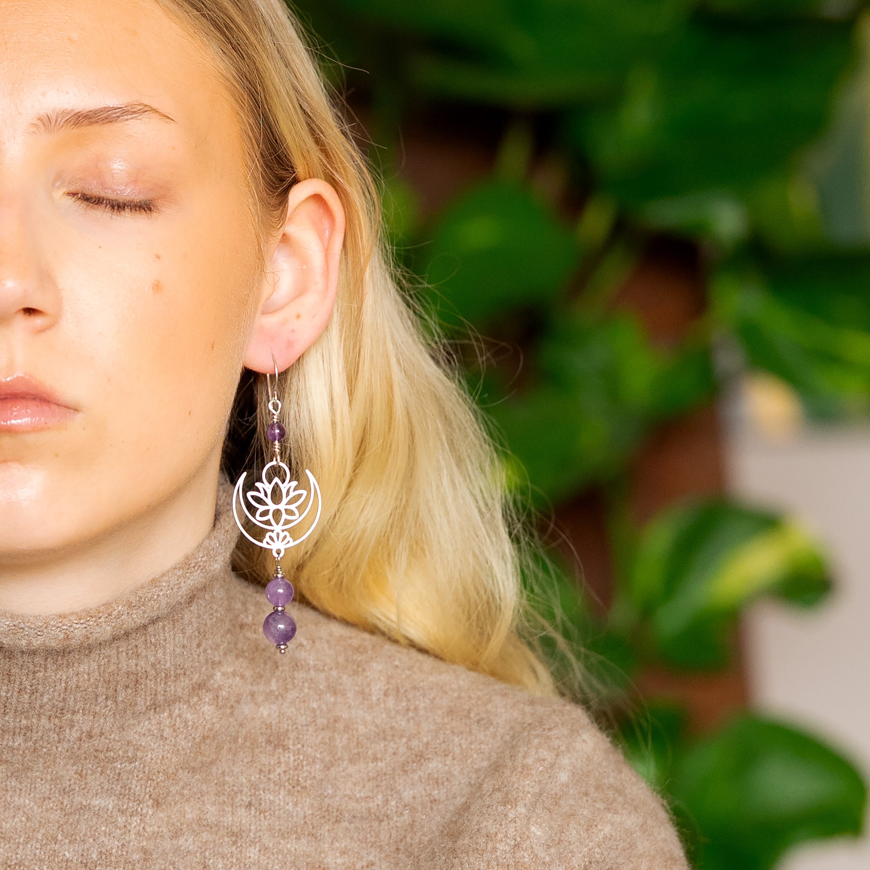 Amethyst Lotus Earrings in Stainless Steel