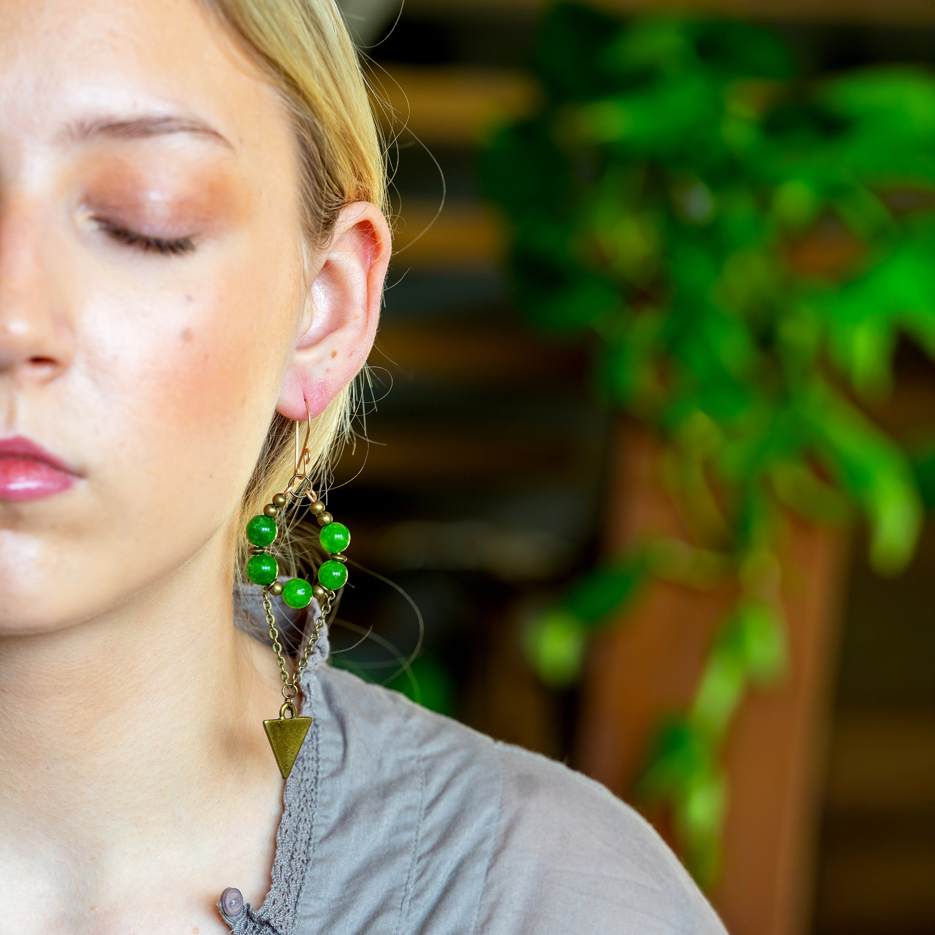 Peridot Dangle Earrings with Triangle Charm in Bronze