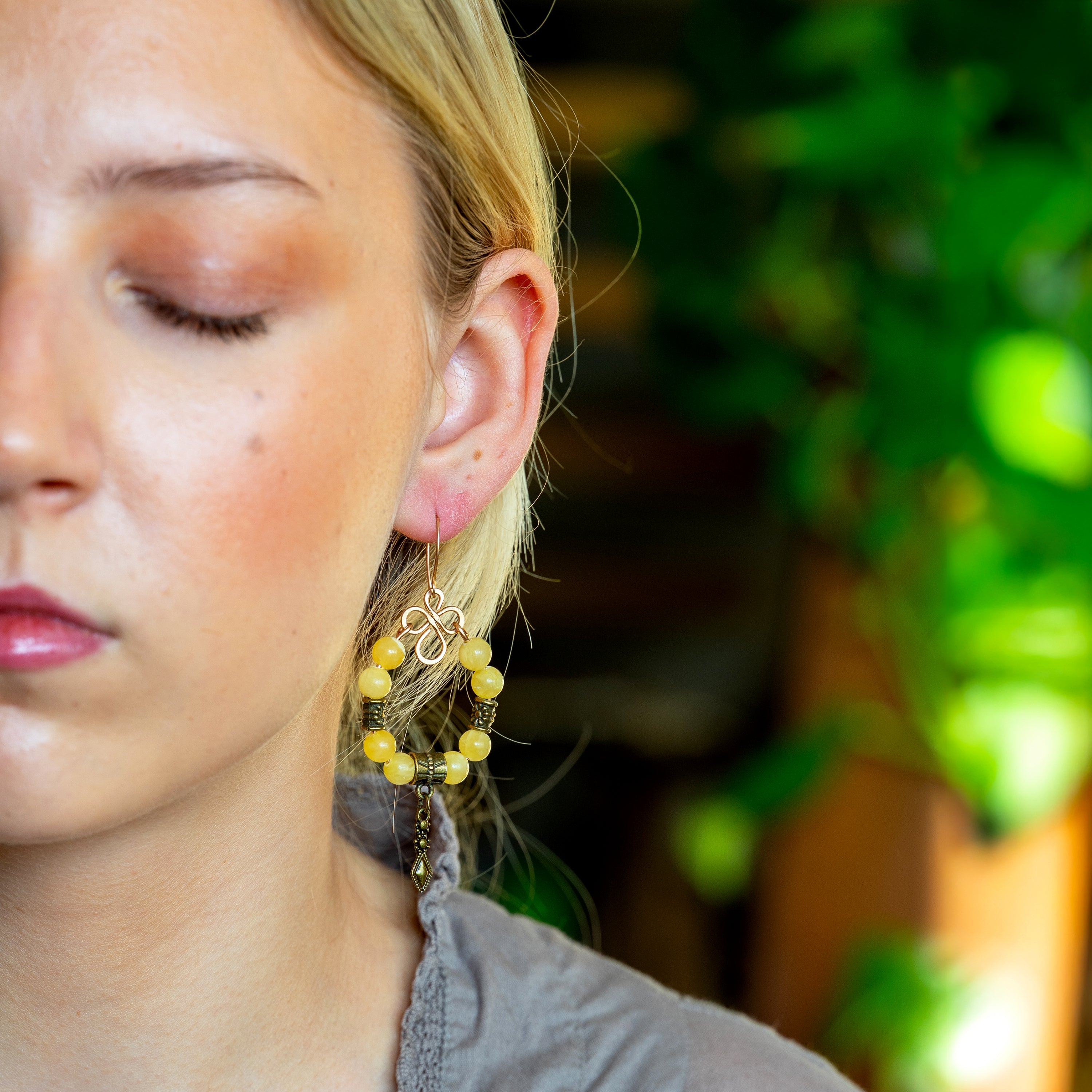 Yellow Calcite Charm Earrings in Bronze