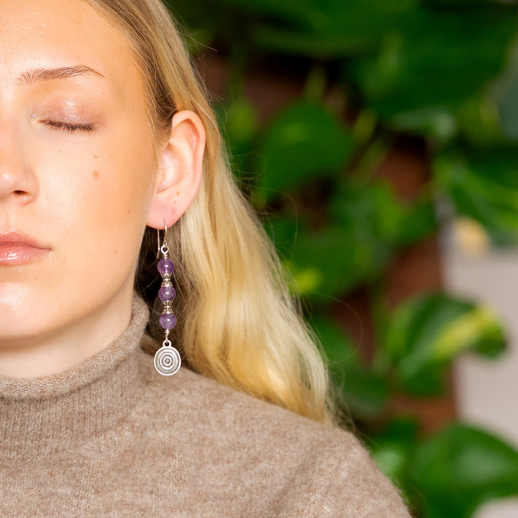 Amethyst Spiral Earrings in Stainless Steel