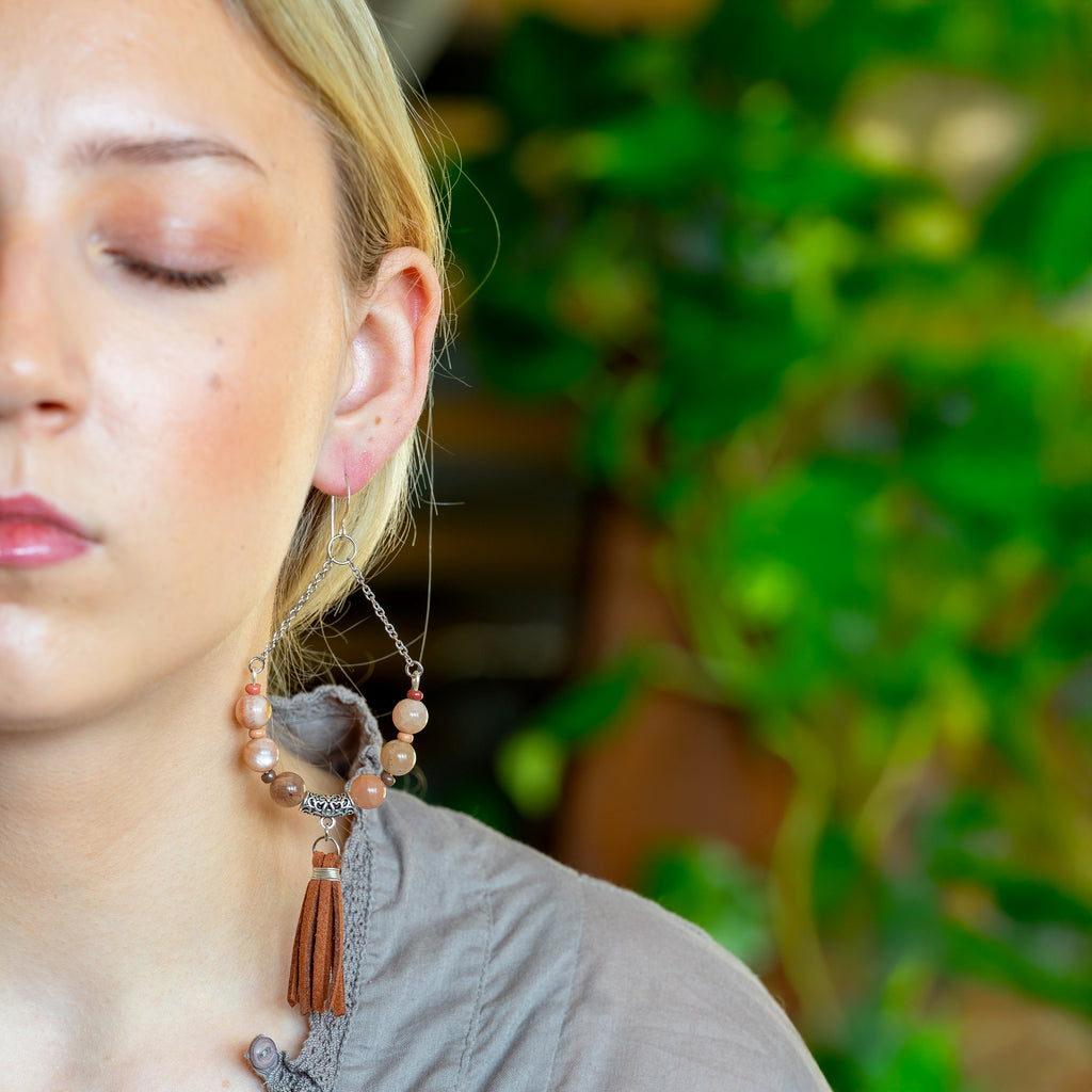 Orange Moonstone Tassel Earrings in Stainless Steel