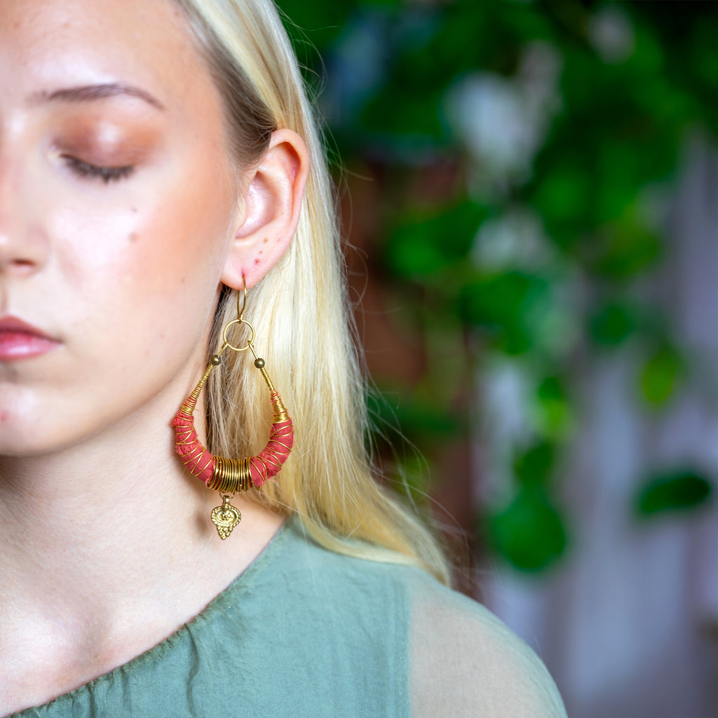 Wrapped Fabric Hoop Earrings in Brass
