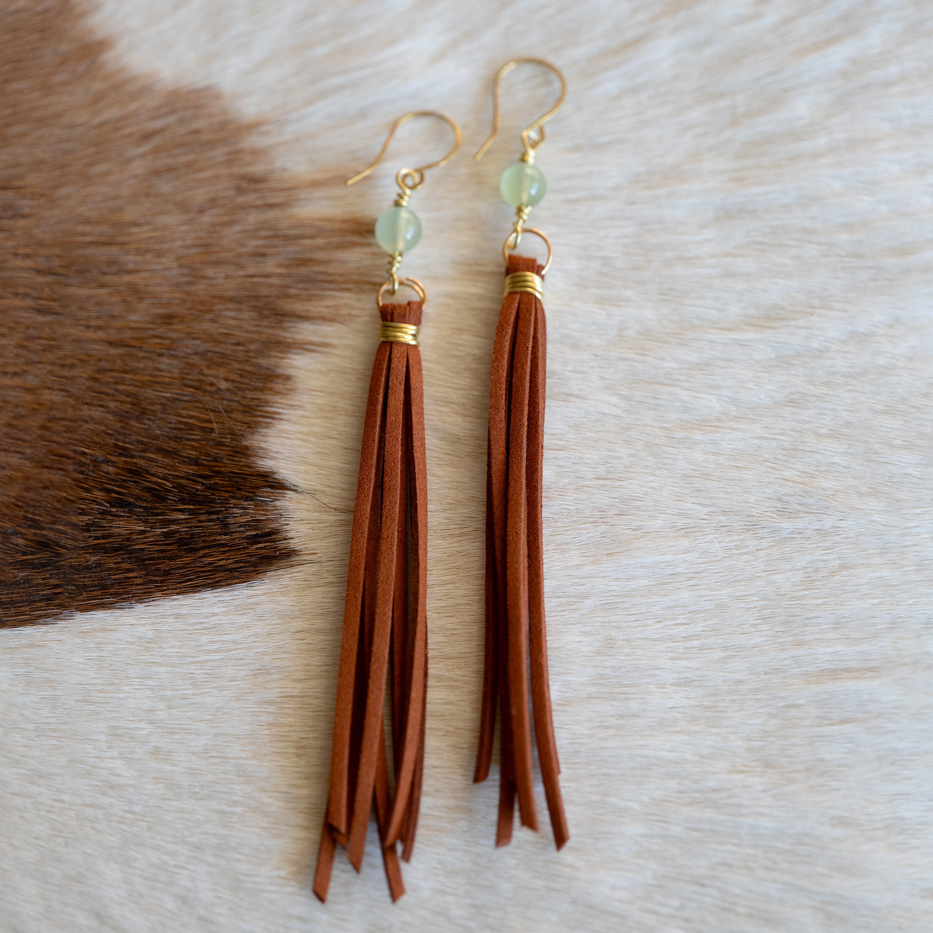 Prehnite Tassel Earrings in Brass and Suede
