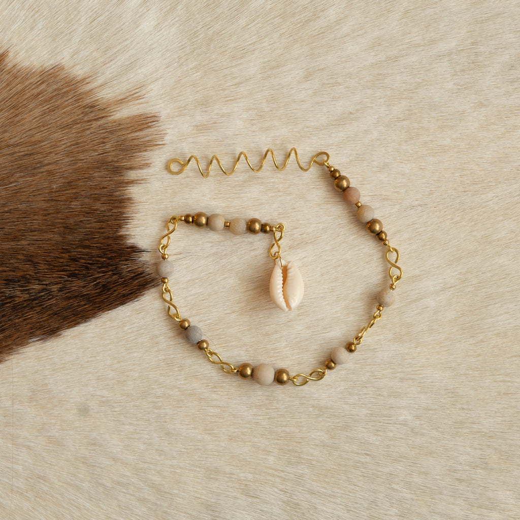 Picture Jasper Hair Twist with Cowrie Shell in Brass