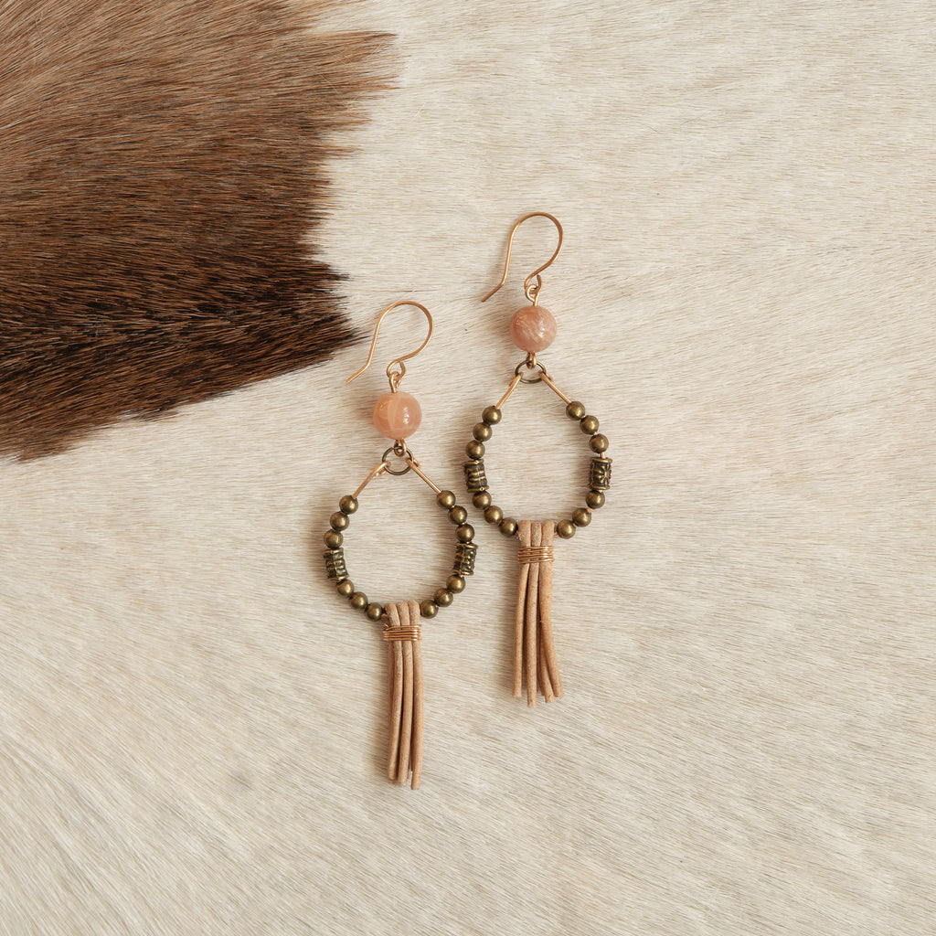 Orange Moonstone with Leather Fringe Earrings in Bronze