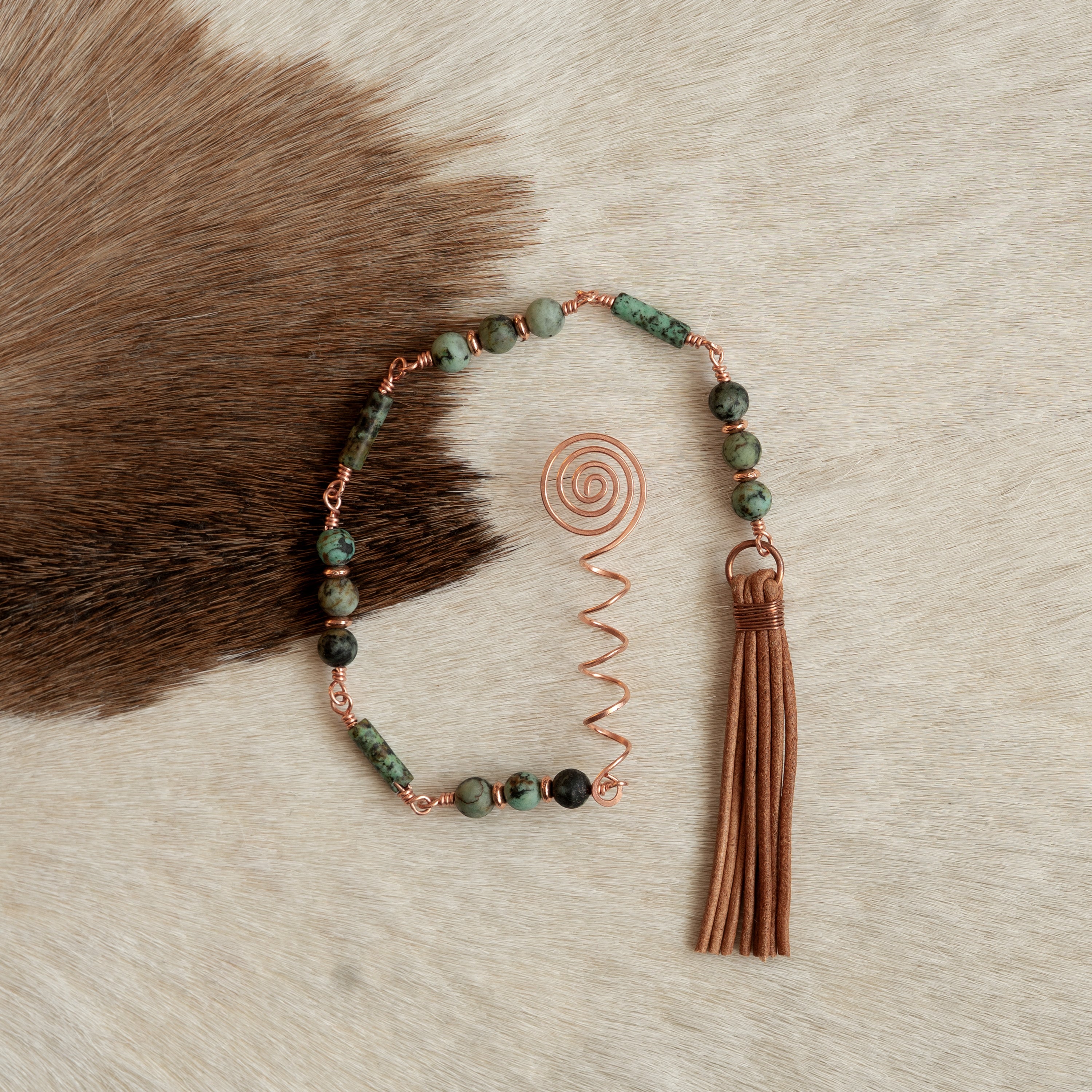 African Turquoise Hair Twist with Leather Tassel in Copper