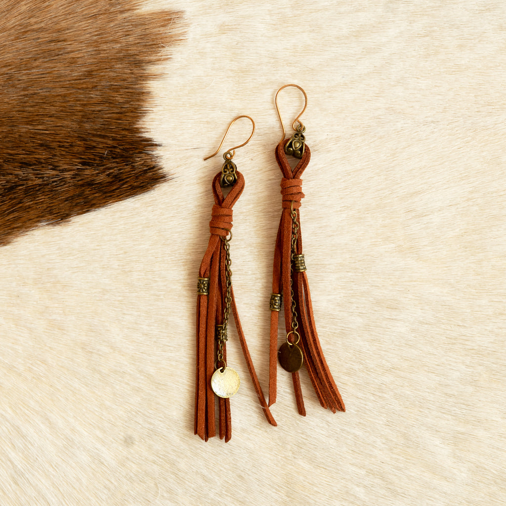 Suede Leather Tassel Earrings in Bronze