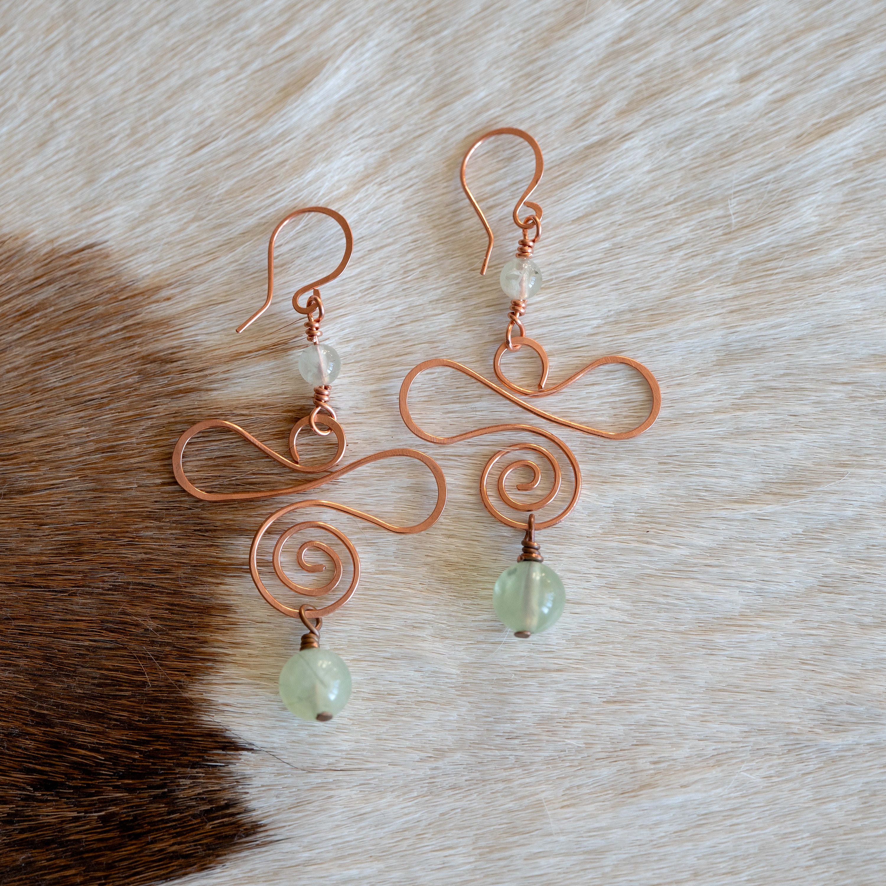 Prehnite Spiral Earrings in Copper
