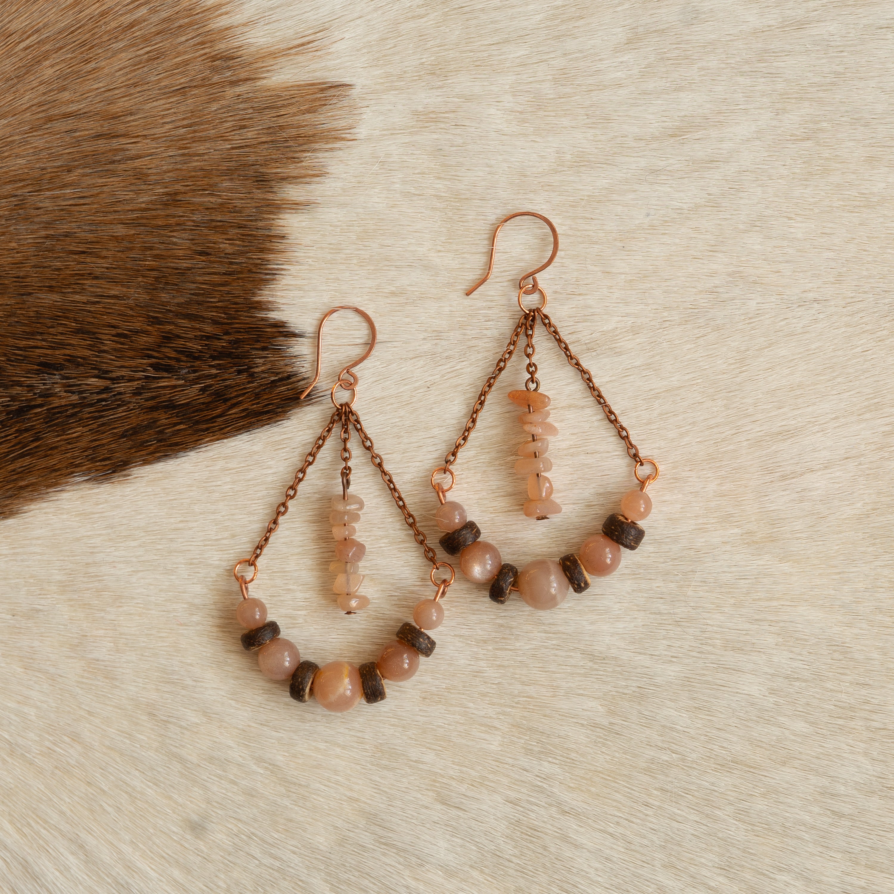 Orange Moonstone with Chain Earrings in Copper