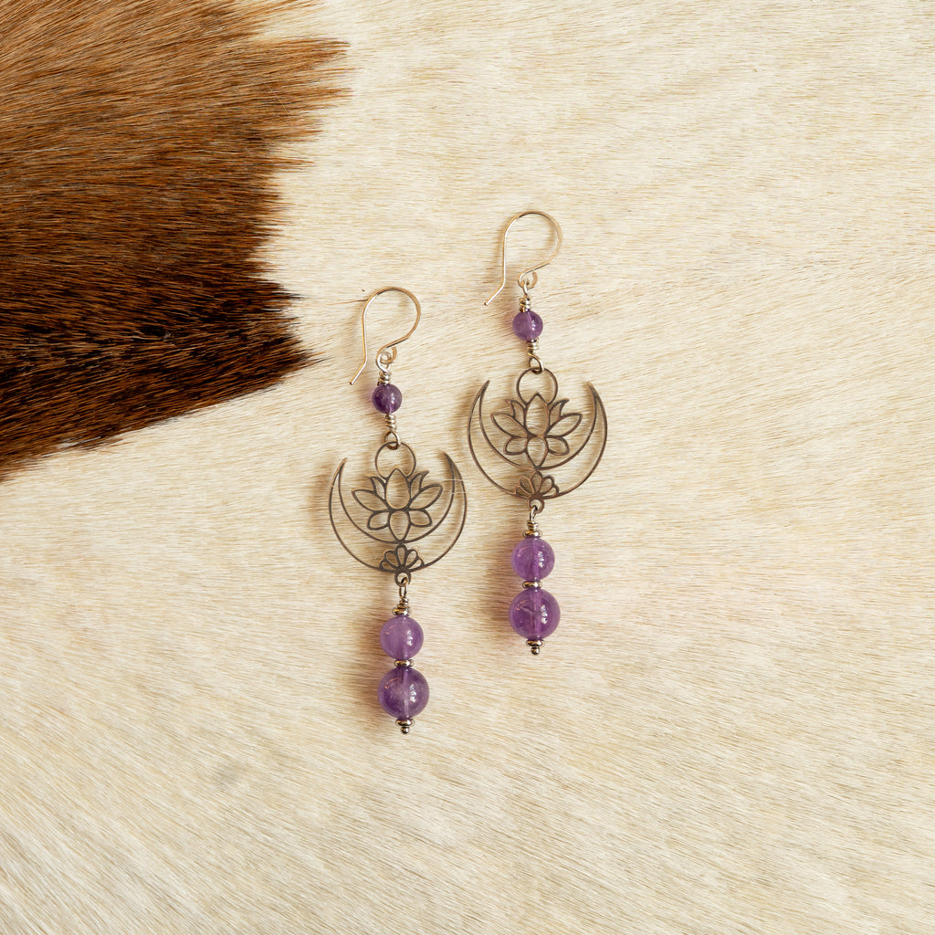 Amethyst Lotus Earrings in Stainless Steel