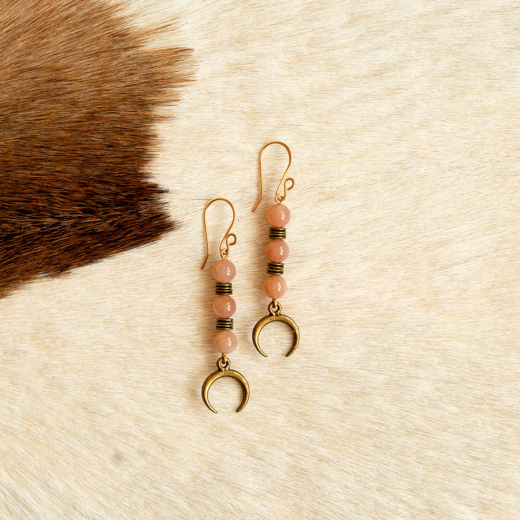Orange Moonstone with Moon Charm Earrings in Bronze
