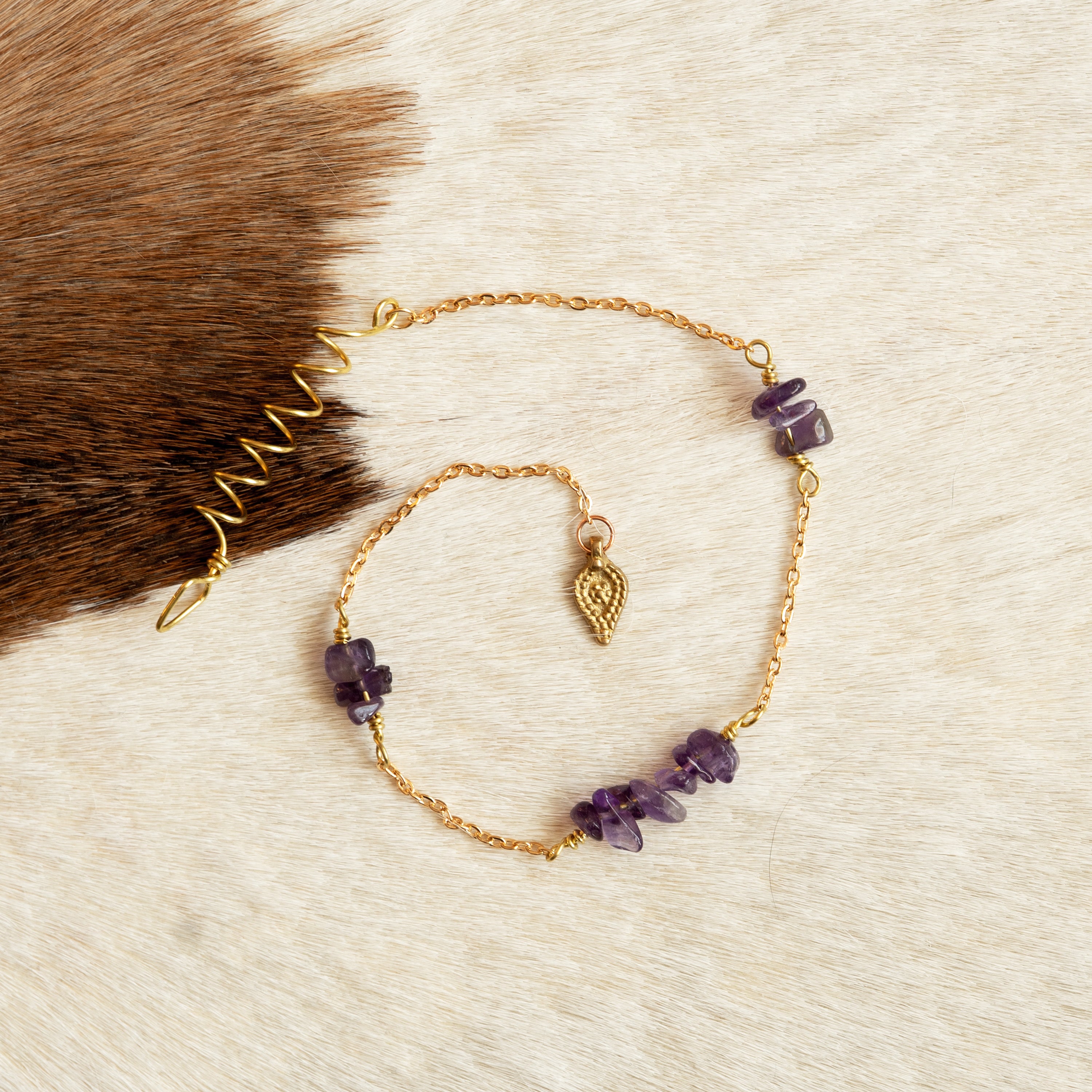 Amethyst Hair Twist with Chains and Charm in Brass