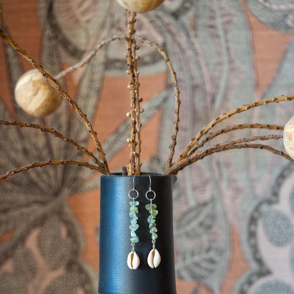Prehnite and Shell Earrings in Stainless Steel