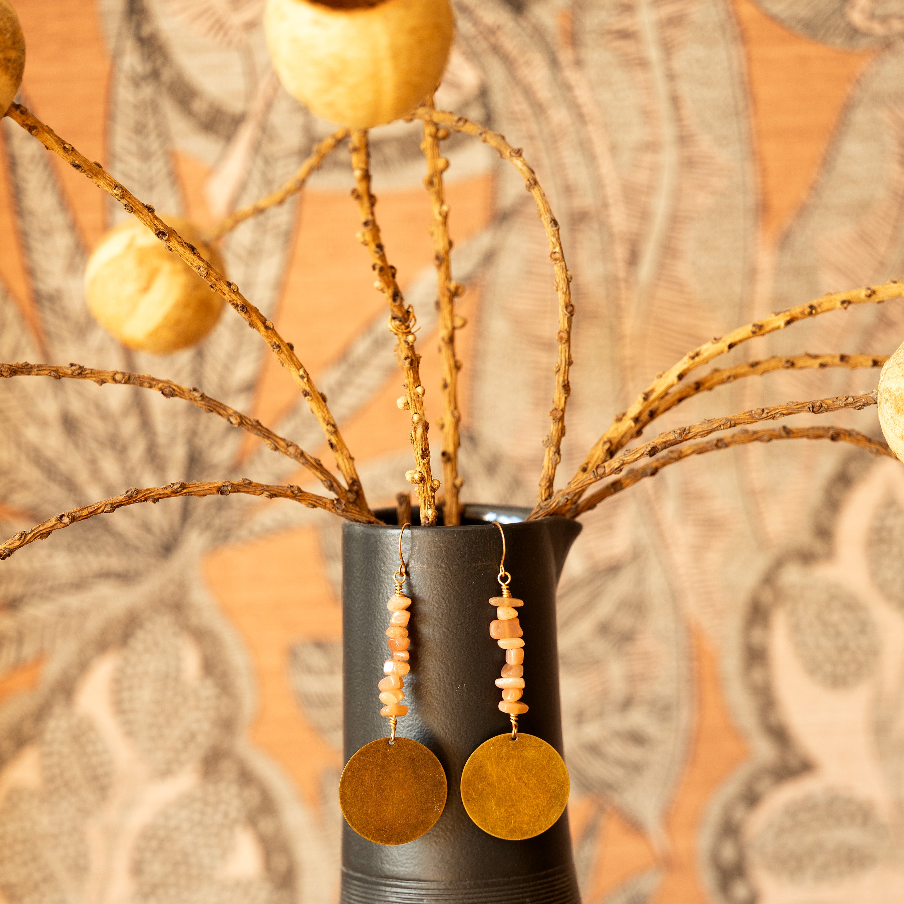 Orange Moonstone Dangle Earrings in Bronze