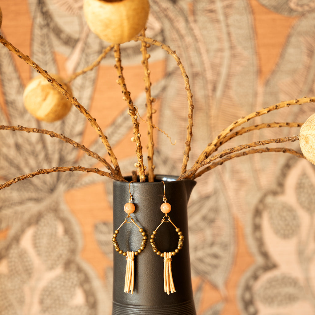 Orange Moonstone with Leather Fringe Earrings in Bronze