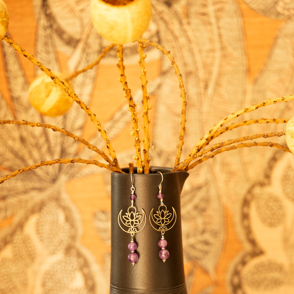 Amethyst Lotus Earrings in Stainless Steel